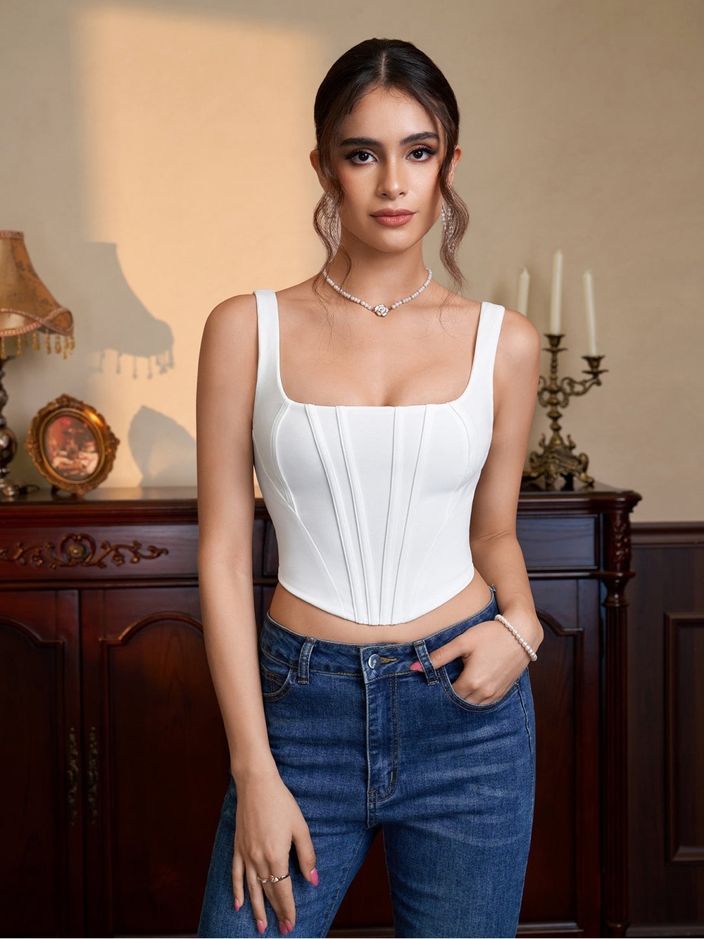 Parthea Solid Seam Detail Zipper Back Tank Top - White NWT S